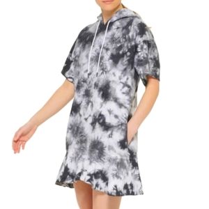 DKNYC Tie Dye Tunic Flounce 100% Cotton Dress Black & White Pockets Hood Size 1X